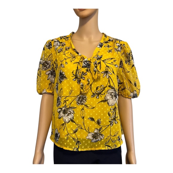 Retrology retro floral yellow blouse Women PL rushed short sleeves V- neck bow - Picture 3 of 16